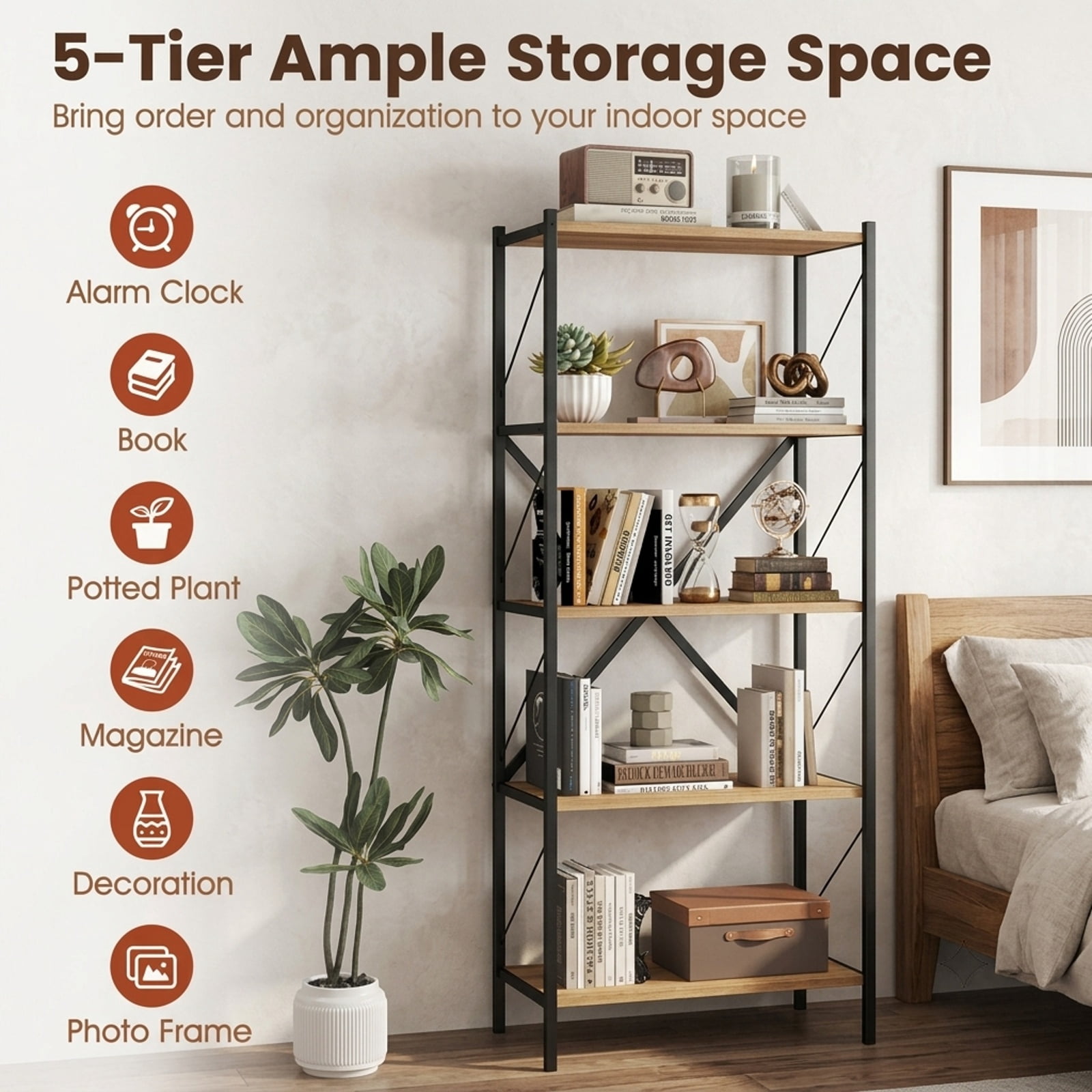 Furnibear 5-Tier Tall Bookshelf Industrial Bookcase with Heavy-Duty Metal Frame Modern Storage for Living Room Home Office Bedroom Display, Walnut