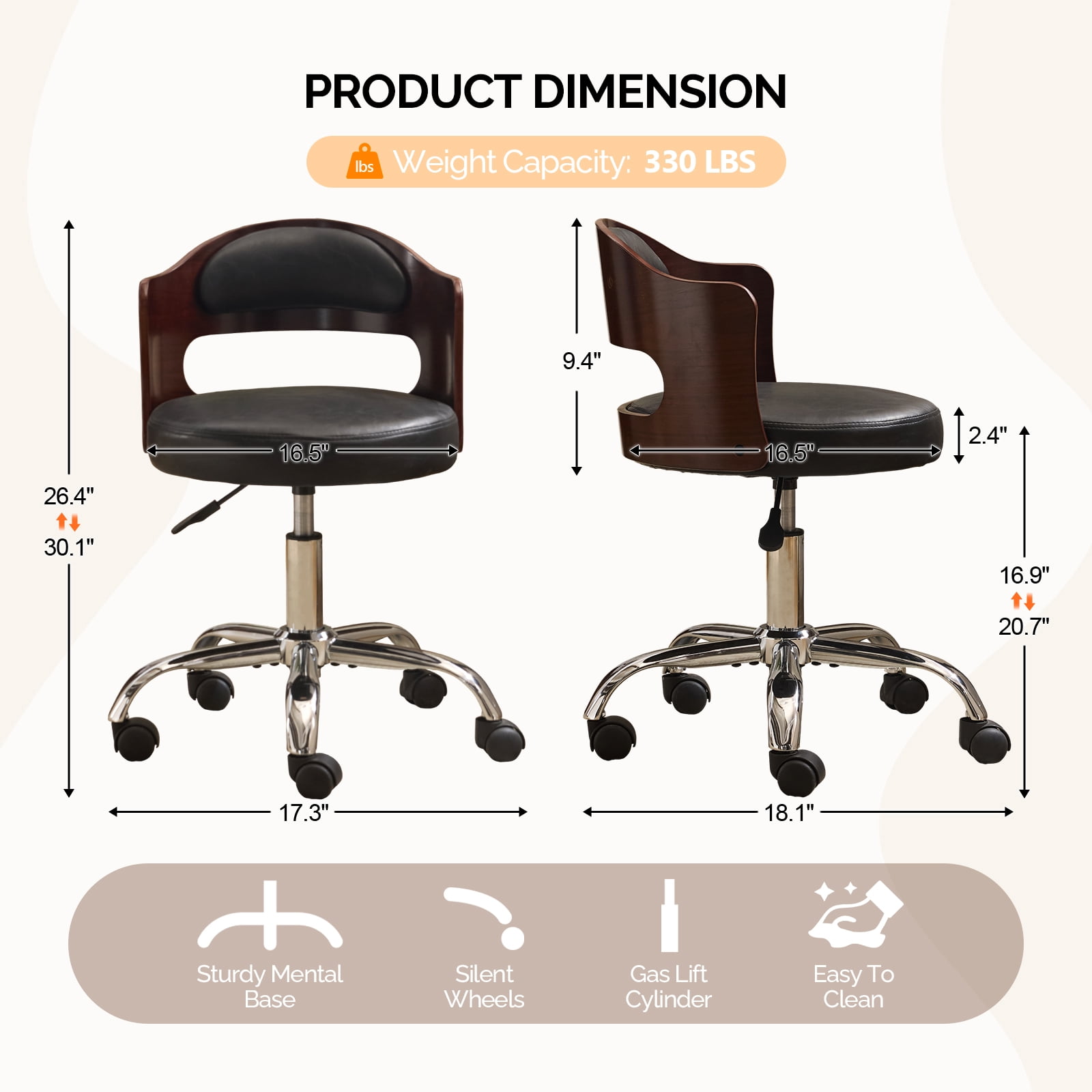Ktaxon Office Computer Desk Chair with Rolling Wheels, Vanity Stool with Faux Leather Seat, Adjustable Task Chair for Study Make-up Dressing Black