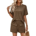 thumbnail image 3 of Women Matching Shorts Knitted Pockets Sets Fall Round Neck 2 Piece Set Summer Short Sleeve Lounge Sets Coffee Color M, 3 of 9
