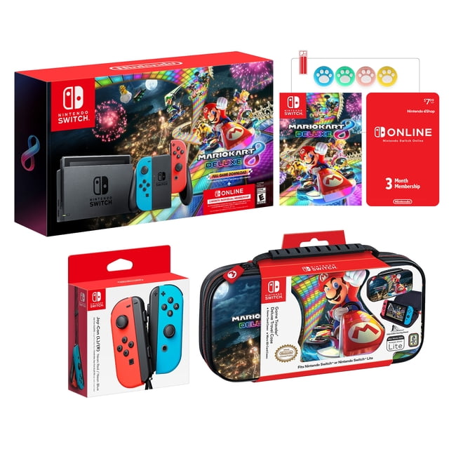 Nintendo Switch Mario Kart 8 Neon Multiplayer Bundle: Red Blue JoyCon Console, Mario Kart 8 Deluxe & Online Membership, Travel Case, Mytrix Tempered Glass Screen Protector and Joystick caps Nintendo Nintendo Switch