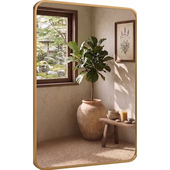 24x36 Inch Gold Metal Bathroom Mirror | Deep Set Vanity Wall Mirror | Rustproof, Shatterproof | 1 Pack
