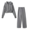 thumbnail image 3 of HH TRAF Conjunto de sudadera con capucha y cremallera completa para mujer, sudadera informal con capucha corta, pantalones de pierna ancha y cintura elástica a la moda para mujer, 3 of 5