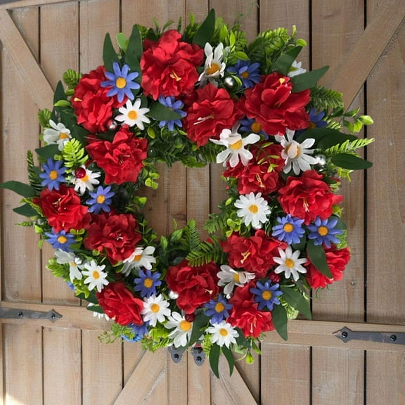 Patriotic Wreath Front Door 4th of July Decor,Simulation Flower Hanging Garland Independence Day,Red White Blue Floral Home Wall Decoration,Memorial Day Labor Day Veterans Day Holiday Outdoor Porch