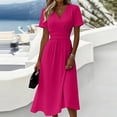 thumbnail image 2 of Ecqkame Summer Dresses for Women V Neck Short Sleeve Empire Waist Tummy Control Casual Long Dress Lightweight Flowy Vacation Dress Hot Pink M, 2 of 7