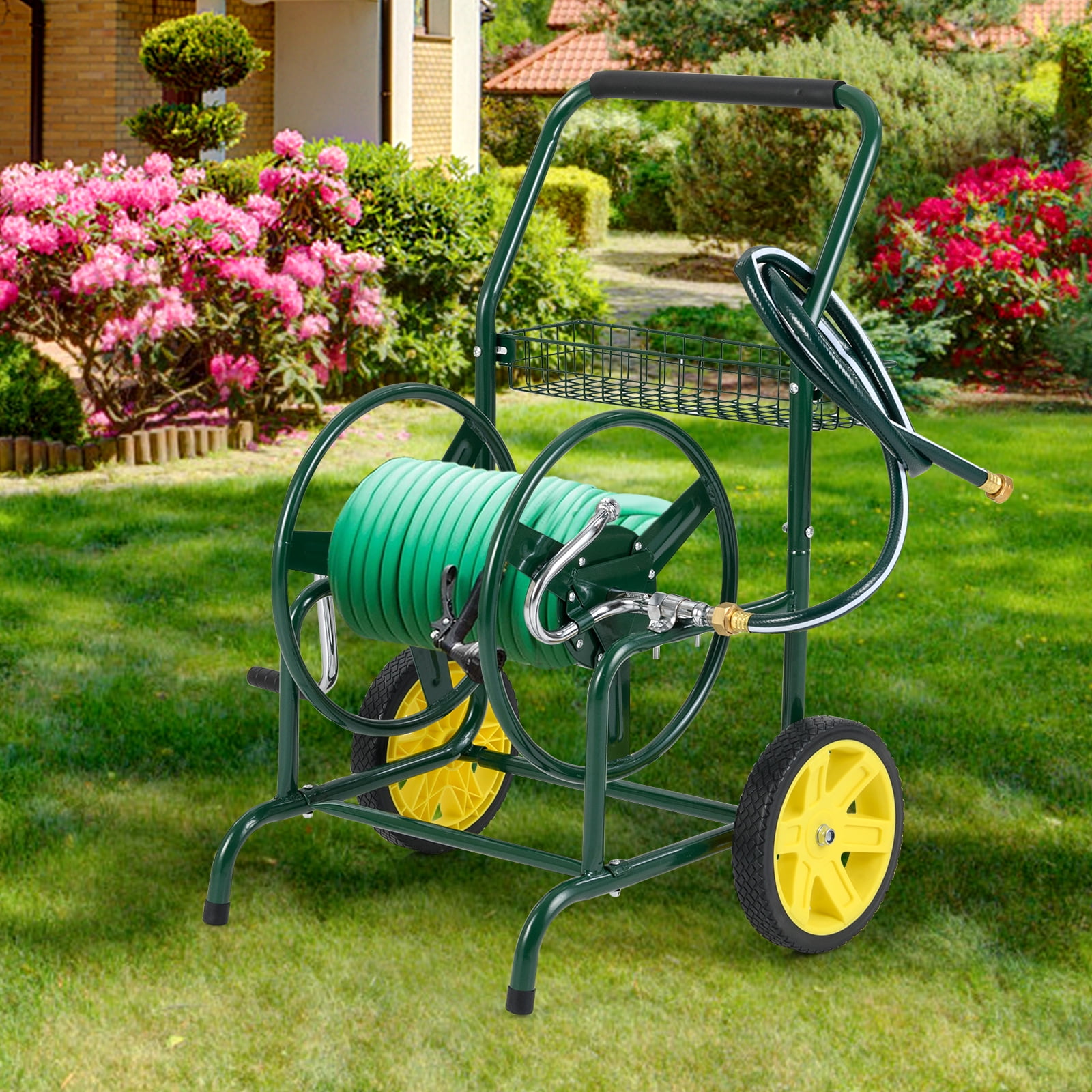 Gymax Garden Hose Reel Cart 230 FT of 5/8'' Large Capacity w/ 2 Wheels Storage Basket Green