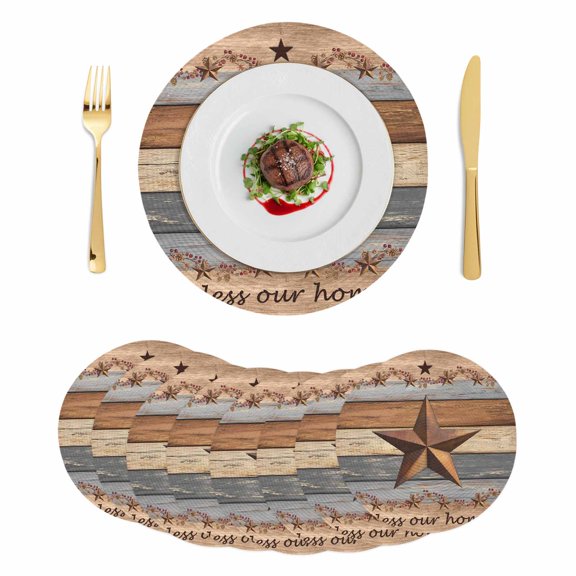 Western Texas Star Vintage Round 13 Inch Placemats Set of 8, Retro Farmhouse Gray Brown Wooden HeatResistant Non Slip Place Mats for Dining Table, Wipeable Braided Kitchen Table Mats for Housewarming