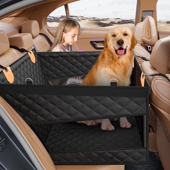 SMATTO Large Dog Car Seat, Back Seat Extender for Dogs with 3 Mesh Windows, Waterproof Medium Carseat for Dogs with 4-Splice Hard Bottom, Pet Seat Cover for Cars, Trucks and SUVs (Black)