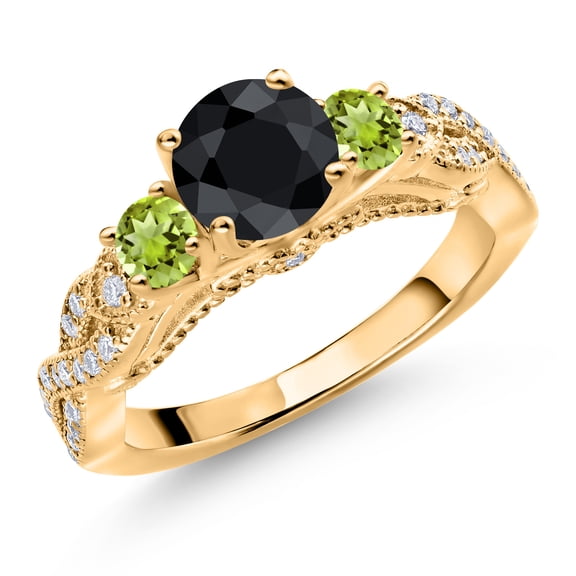Gem Stone King 18K Yellow Gold Plated Silver Black Sapphire Green Peridot and White Moissanite Engagement Ring for Women (1.66 Cttw, Gemstone September Birthstone, Round 6MM and 3MM, Size 6)