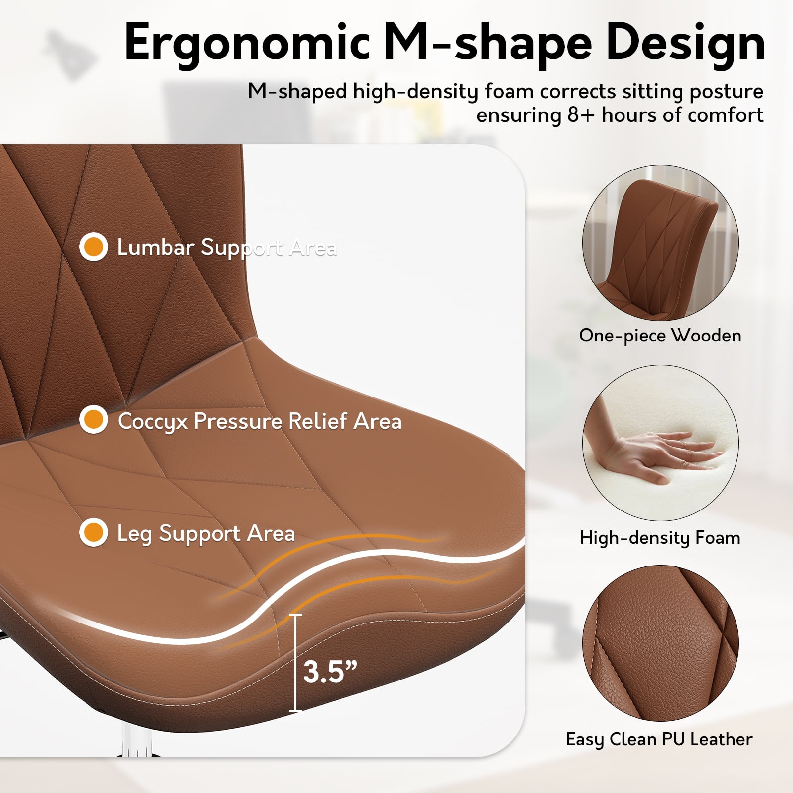 iooHug Armless Office Chair, PU Leather Small Computer Desk Chair with Wheels, Adjustable Swivel Vanity Chair with Memory Foam Cushion, No Arms Task Chair for Home Office, Bedroom, Brown