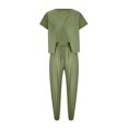 thumbnail image 5 of REORIAFEE Two Piece Outfits for Women Summer Lounge Tracksuits 90s Themed Party Outfits Women's Two Piece Cotton Linen Short Sleeve Round Neck Tops Pants Set Green S, 5 of 7