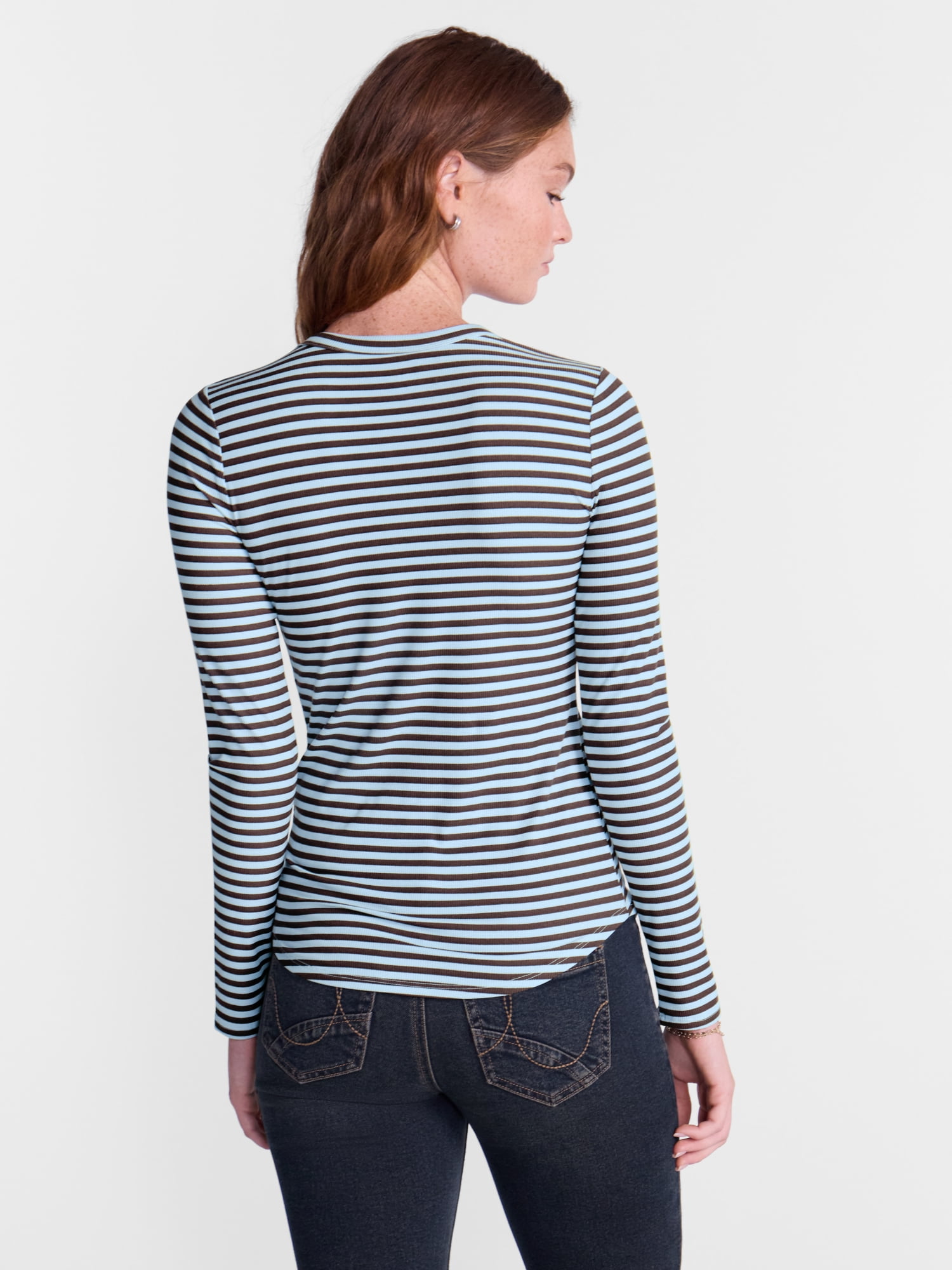 No Boundaries Ribbed Crewneck Tee with Long Sleeves, Women's and Women's Plus XXS-4X