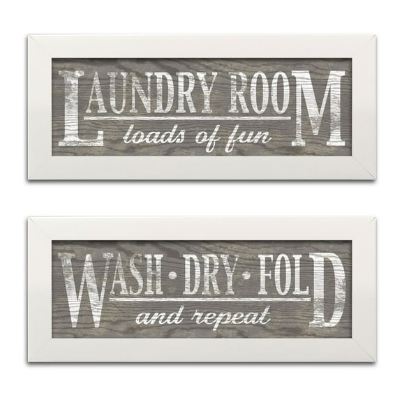 Gango Home Decor Rustic Gray Adult Laundry Room Set; 2-18x6" White Frame Prints