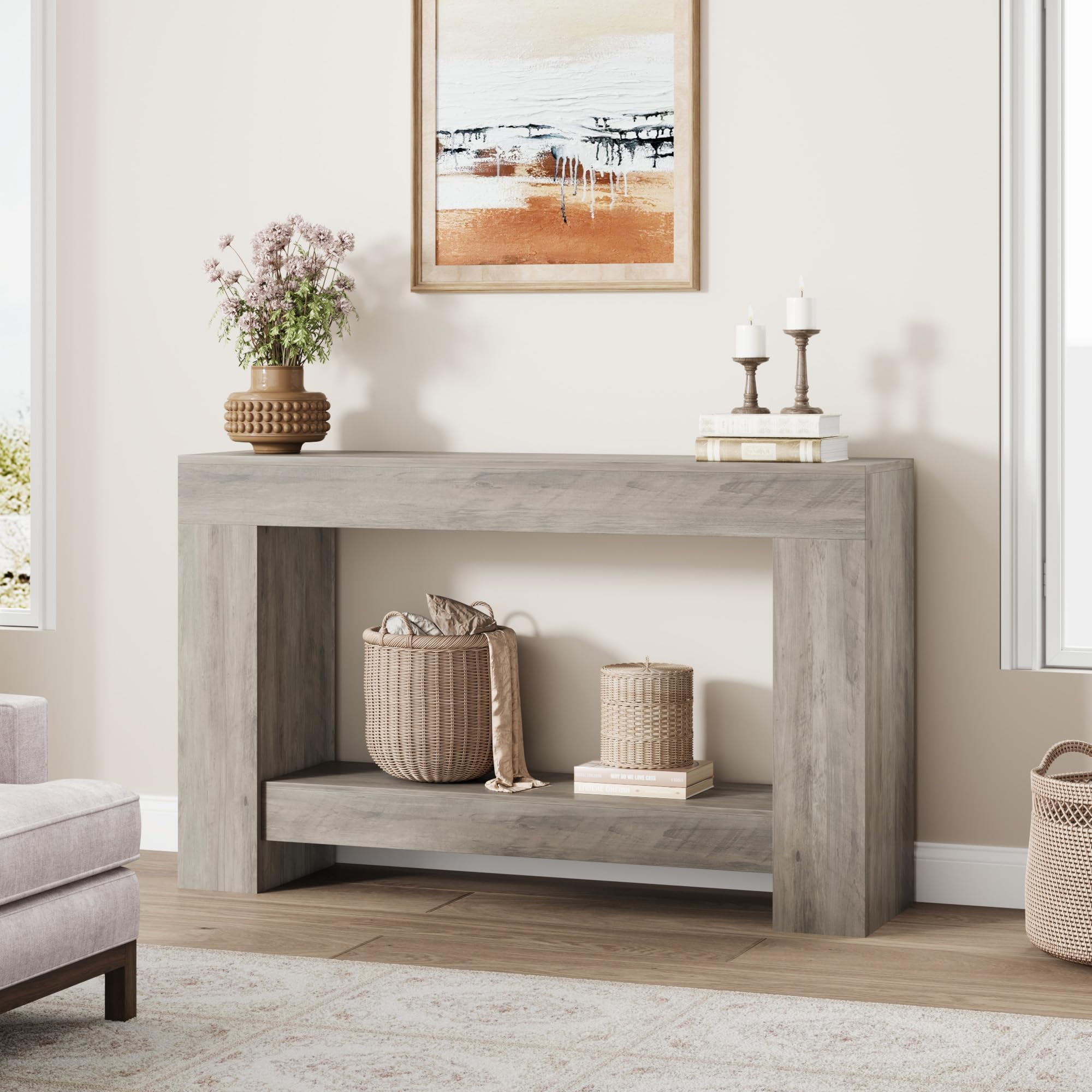 Farmhouse Console Table with Storage, 47 Inch Wide 2-Tier Sofa Table, Entryway Table for Living Room, Hallway, or Foyer