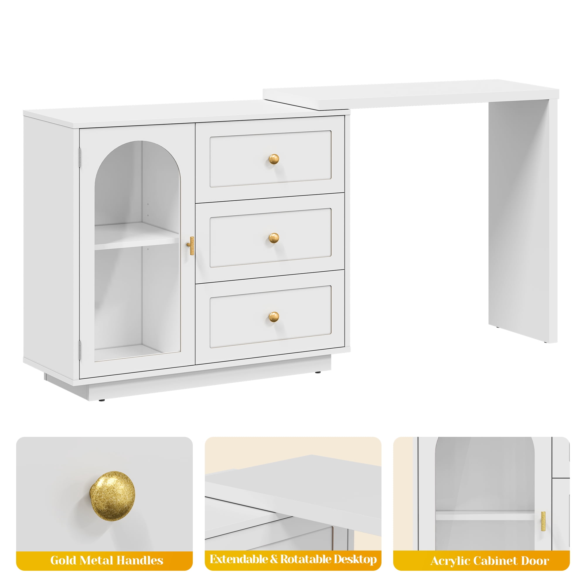 Heynemo Makeup Vanity Desk, Extendable Corner Vanity Makeup Table with 3 Drawers & 1 Door, Modern Dressing Table for Bedroom, Vanities for Women/Girls Bedroom (without Mirror)