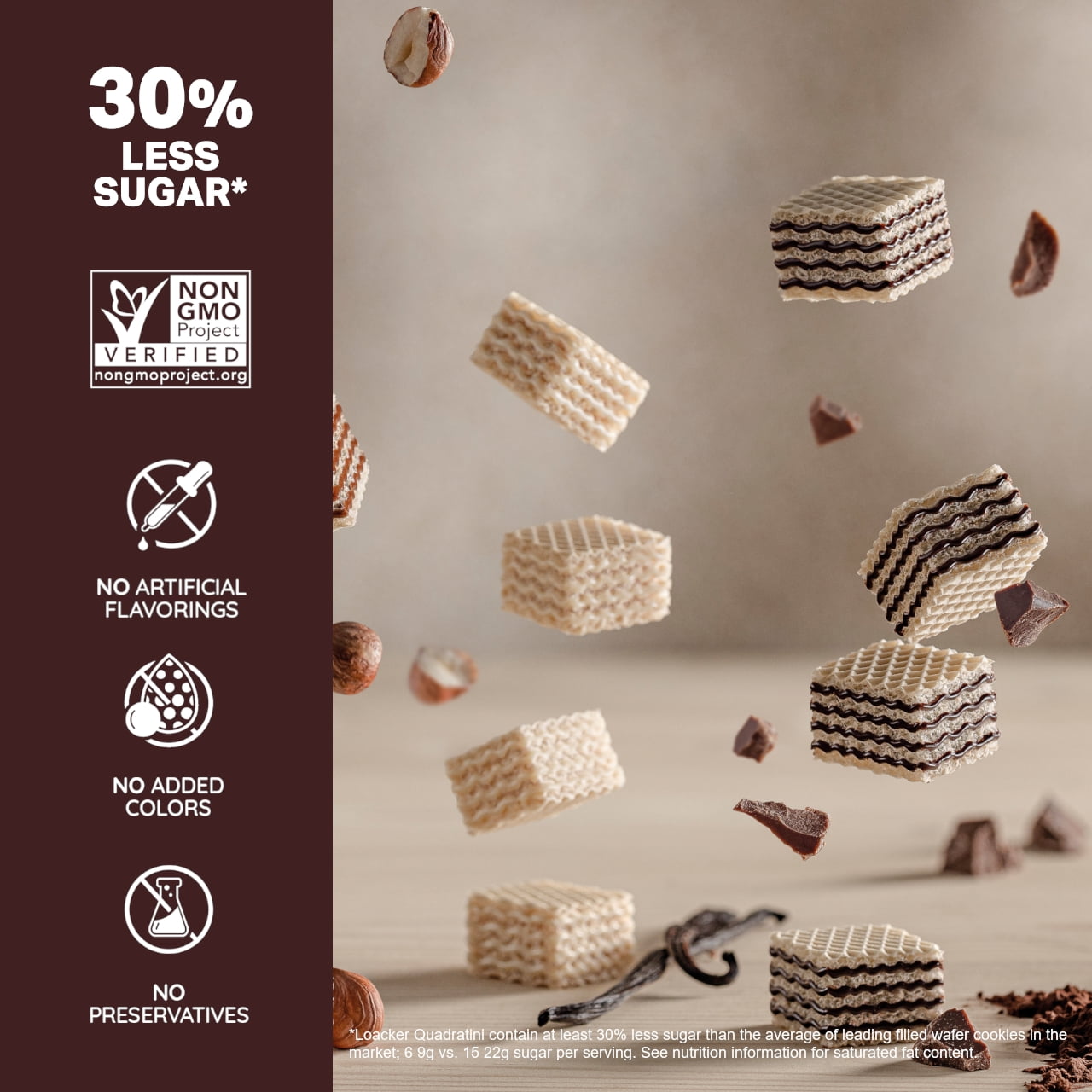 Loacker Quadratini Cocoa and Milk, Cream-Filled Bite-Size Wafer Cookies, 8.82 oz, Pack of 6