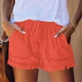 thumbnail image 2 of FINALGANG Womens Chambray Ruffle Hem Shorts With Drawstring Elastic Waist Patch Pockets For Summer Beach Vacations Casual Daily Wear Red L, 2 of 6