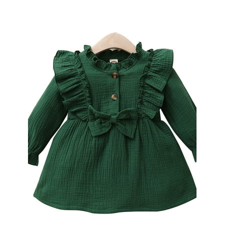

ZNU Baby Kids Toddler Girls Solid Casual Ruffle Long Sleeve Dress 3-24 Months