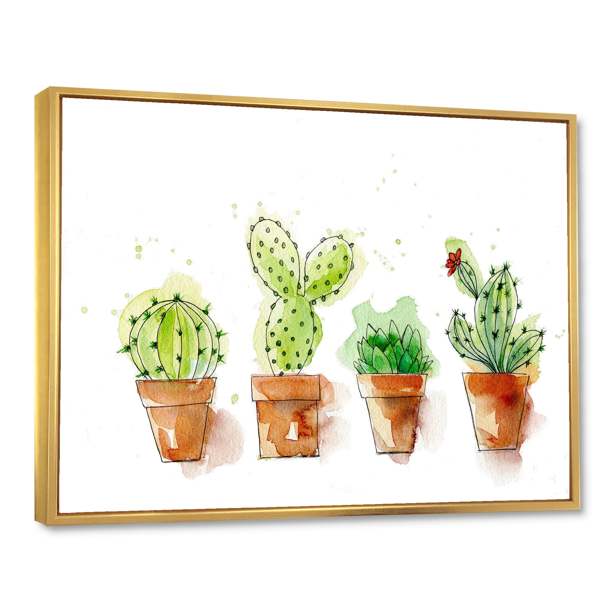 Designart 'Cacti In Gentle Tones In Ceramic Pots I' Traditional Framed Canvas Wall Art Print