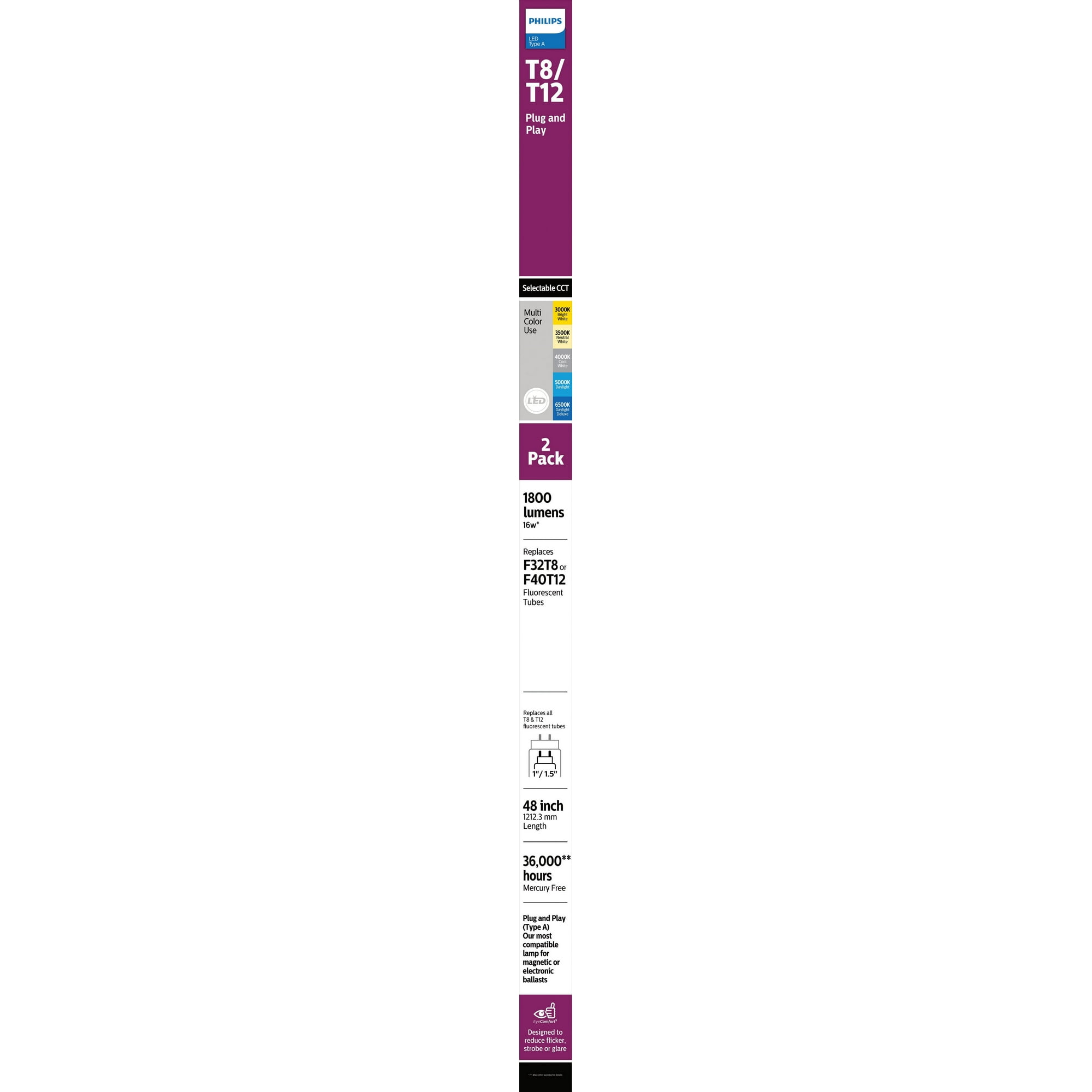 Philips Plug and Play 4Ft (48-inch) Type A T8/T12 5-CCT 32-Watt LED Tube Light Bulb (2 Pack)