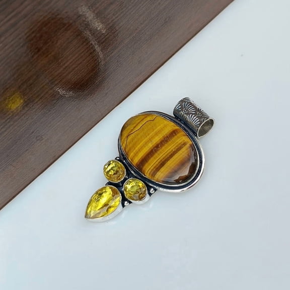 Natural Tiger's Eye & Citrine Gemstone Pendant 925 Sterling Silver Handmade Jewelry