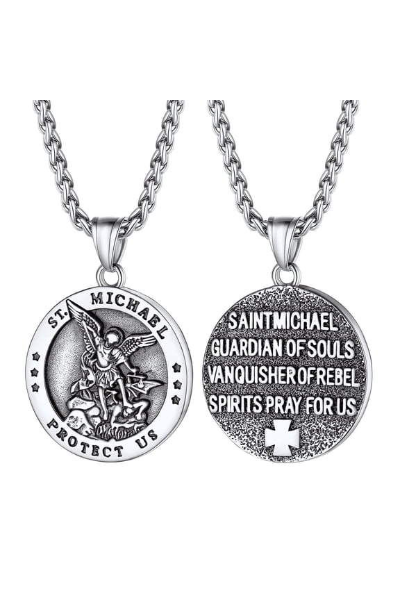Saint Michael The Archangel Stainless Steel Christian Necklace Pendant for Men Silver Medal Chain Religious Jewelry Son Father's Gift