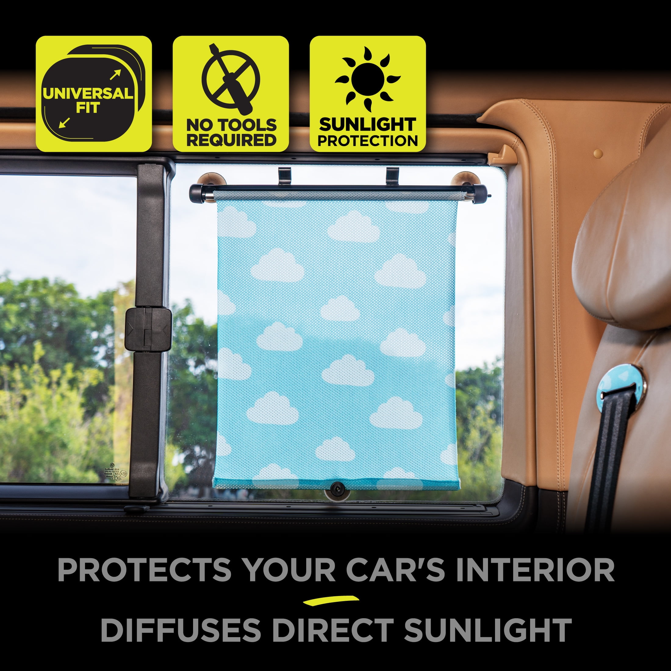 (2 pack) Auto Drive 1 Count Blue Retractable Cloud Roller Windshield Visor Sun Shade Product, Size 14" x 19"
