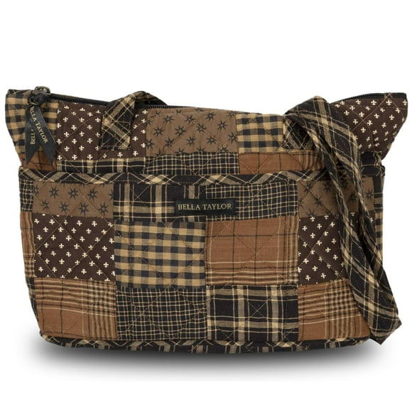 Bella Taylor Small Tote Shoulder Bag for Women | Top Handle Lightweight Multi Compartment Handbag for Work, School, Travel | Quilted Cotton Ironstone Black and Brown Patchwork