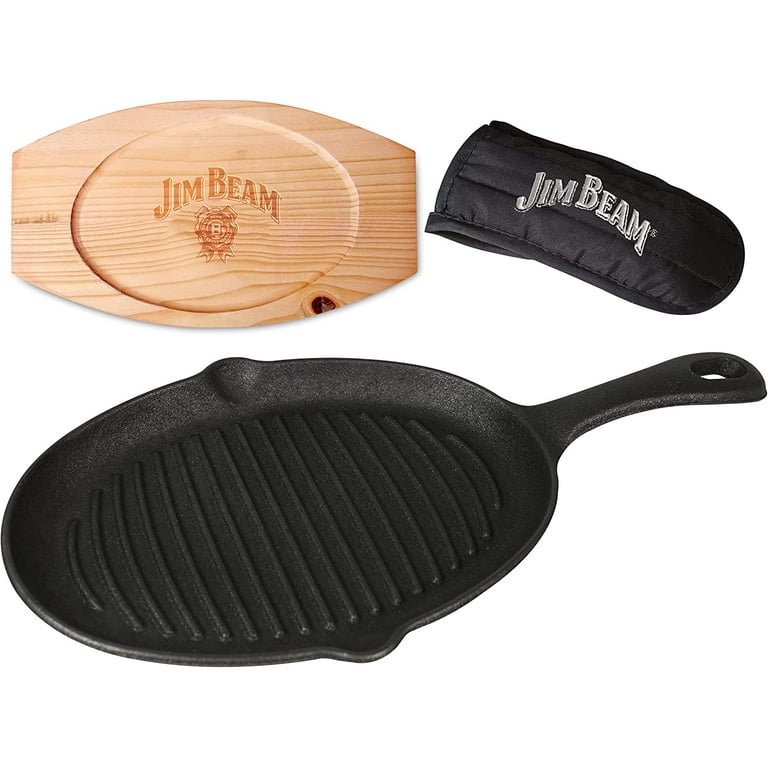 Jim Beam JB0159 Cast Iron Skillet with Wooden Plate & Handle Cover