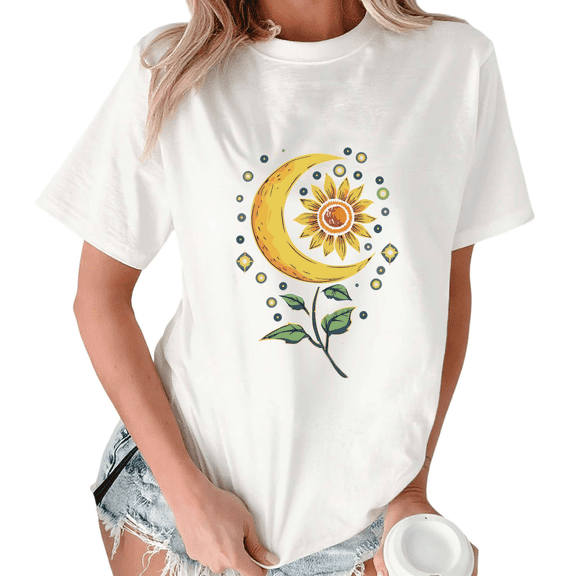 White Print Tshirt Graphic Tees Shirts Boho Sunflower Moon Art Spring Casual Wear S-5XL Tops