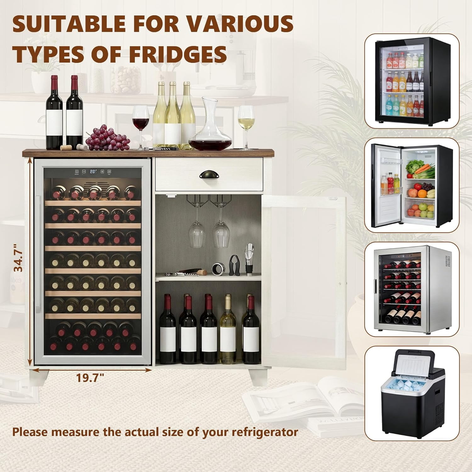 LAZZO Bar Cabinet with Mini Fridge Space, 41.7“ Storage Cabinet with Power Outlet and Goblet Holder for Kitchen, Dining and Living Room