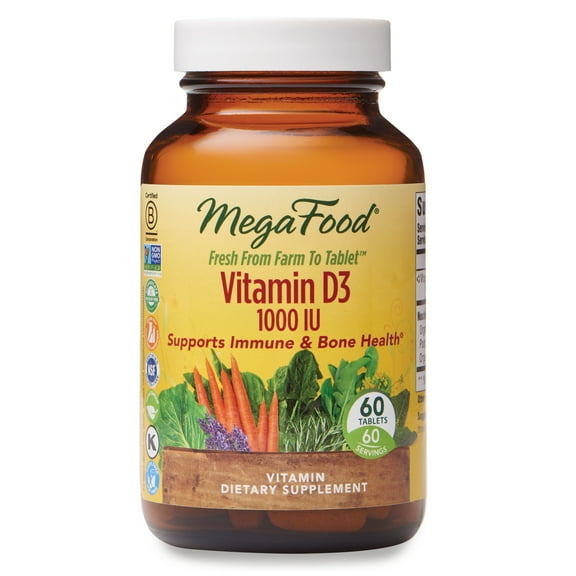 MegaFood Vitamin D3 1000 IU (25 mcg) - Immune, Bone, Teeth & Muscle Support - 60 Servings