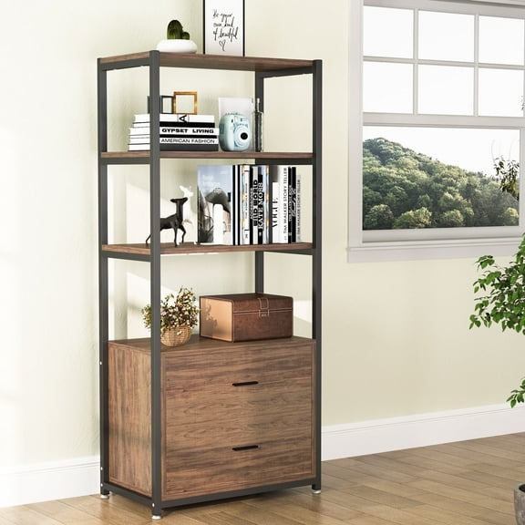 4-Tier Rustic Bookcase with 2 Drawers - Wooden Display Shelf & Storage Shelves for Home Office