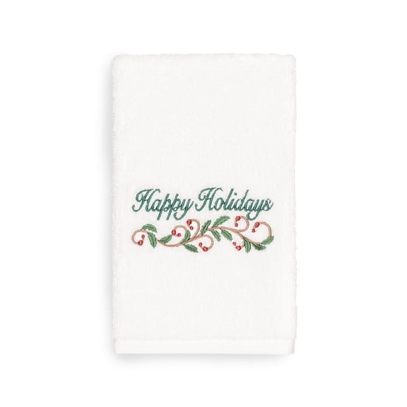 Linum Home Christmas Happy Holidays Embroidered White Turkish Cotton Hand Towel