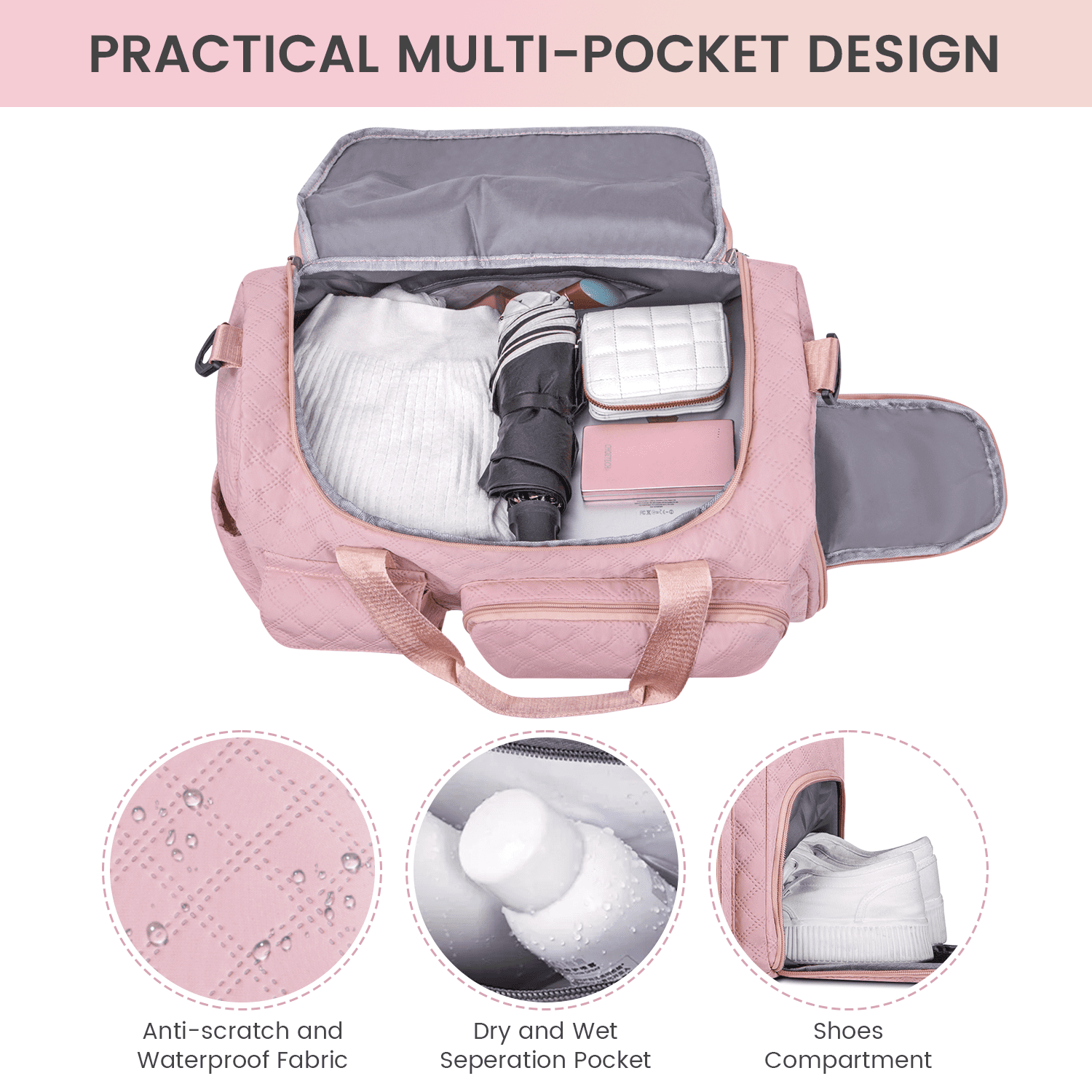 Travel Duffle Bag for Women Men, Foldable Weekender Bags Carry on Gym Bag with Wet Pocket/Adjustable Strap/Shoe Compartment, Waterproof Overnight Tote Bag for Plane Sports Dance, Pink