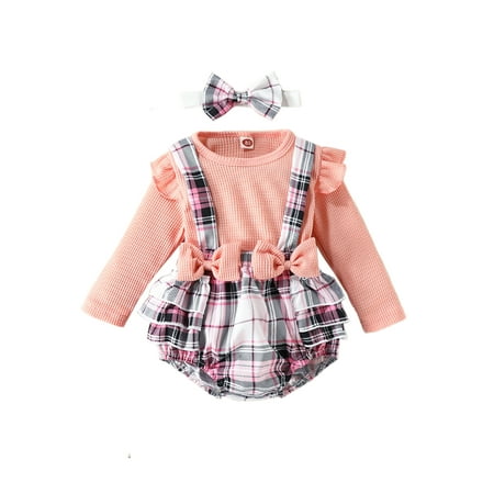 

Wrcnote Toddler Crew Neck Plaid Dresses Set Swing Photograph Long Sleeve Jumpsuit Top+Strap Shorts+Heanband Suspender Spring Autumn Outfits Pink 3-6M