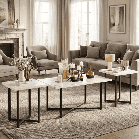 MIERES Coffee Table Set 3 Piece for Living Room,1 Coffee Table and 2 End Tables Sets,Modern Coffee Table and Side Table Set with Metal Frame for Apartment Home Office, White