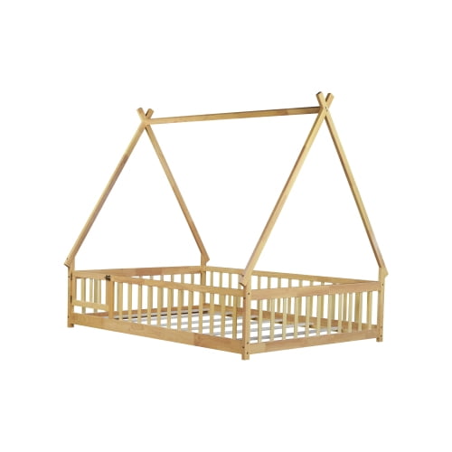 Bellemave Full Size Floor Bed with Door, Teepee Tent Bed Beds, Full Montessori Floor Bed with Guardrails, Wood House Bed with Slats, Natural