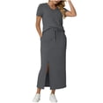 thumbnail image 5 of PRINxy Women's 2 Piece Casual Set V-Neck Short Sleeve Top Elastic Waist Split Hem Maxi Skirt with Pockets Breathable Vacation Daily Wear Gray S, 5 of 7