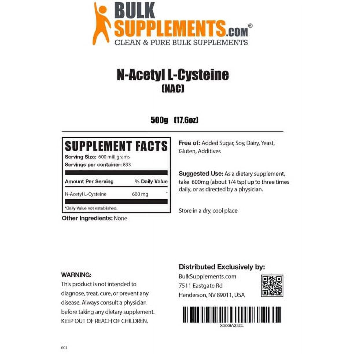 BulkSupplements N-Acetyl L-Cysteine (NAC) Powder, 600mg Per Serving - 500 Grams (1.1 lbs) - 833 Servings