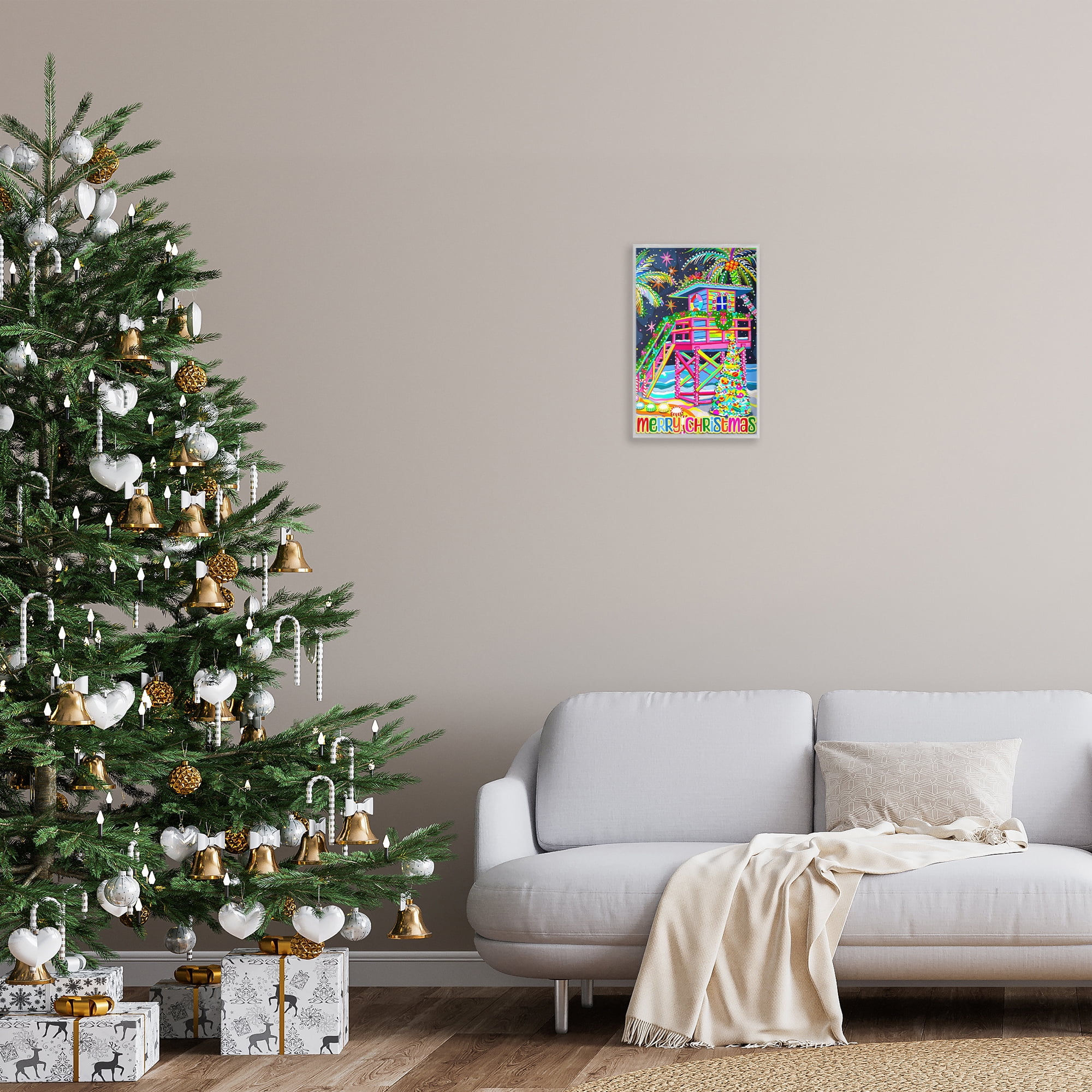 Stupell Industries Whimsical Seaside Christmas Holiday Painting Gray Framed Art Prints Wall Art, 12 x 18