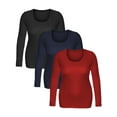 thumbnail image 3 of Women's Junior and Plus Size Basic Scoop Neck Tshirt Long Sleeve Tee, Small, 3Pk Black, Navy, Red, 3 of 5