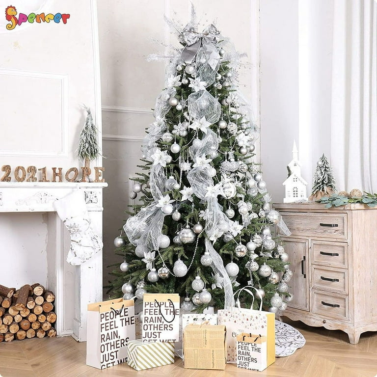 Glitter Flowers for Christmas Tree Decor Artificial Flower Ornaments with  Metal Stems DIY Home Wedding Xmas Party Decor Silver 