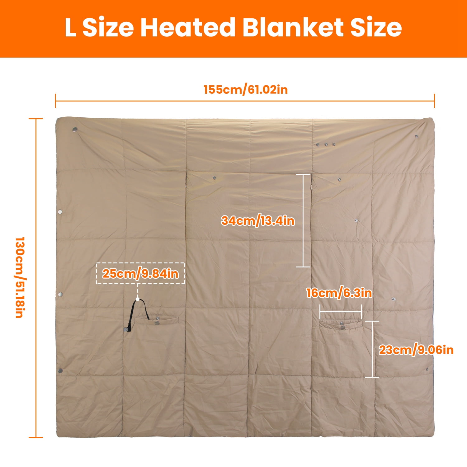 Portable USB Heated Blanket, 61"x 51" Dual Switch Cordless Heated Poncho Shawl Throw Blanket with 6 Zones 3 Heating Levels for Indoor Outdoor (L, Khaki)
