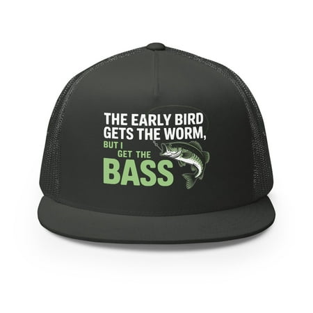 Flat Bill Fishing Hat - The Early Bird Gets the Worm but I Get the Bass - Funny Trucker Hat for Men - Lake Life Hat - Outdoor Fishing Gift (Charcoal)
