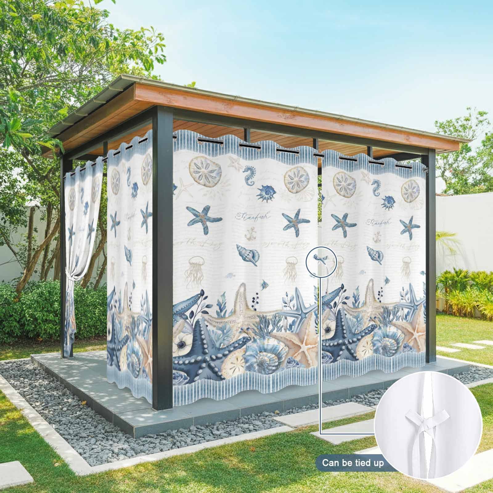 Summer Beach Outdoor Curtains for Patio, Nautical Sea Starfish Seashell Coral Seahorse Blue Stripe Sunshade Privacy Drapes Grommet Waterproof Outside Curtains for Porch Balcony 54"x108", 1 Panel