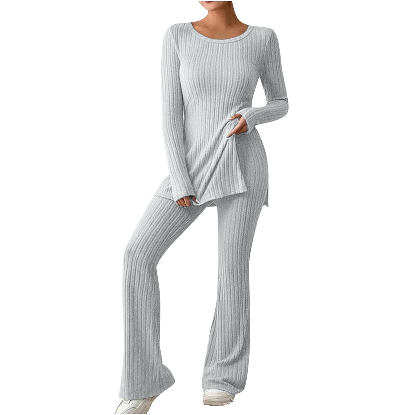 Womens Fleece Pajama Set 2 Piece Warm Winter Pjs Long Sleeve Round Neck Top  and Casual Bottom Matching Sleepwear Sets (Grey, Small) at  Women's  Clothing store