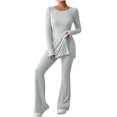 thumbnail image 2 of successthop Knit Lounge Sets for Women Solid Color Ribbed Knit Crewneck Long Sleeve Shirts and Wide Leg Long Pants Comfy Trendy Pajamas Lounge Set Loungewear Summer Outfits, 2 of 6