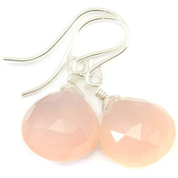 Sterling Silver Chalcedony Earrings Soft Pink Faceted Heart Briolettes Simple Dainty Dangles Designed for Adult Women