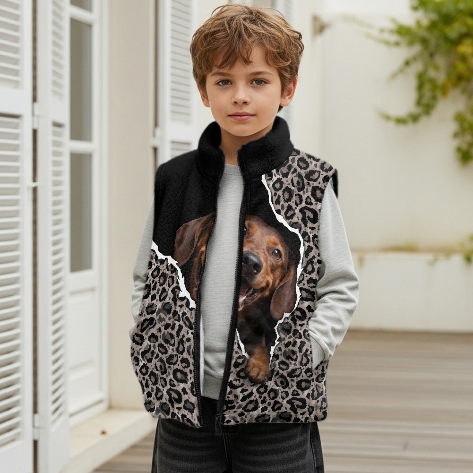 Xoenoiee Dachshund Leopard Print Fleece Outerwear Vests for Boys, Big Little Kids Sleeveless Zipper Coat Jacket Winter Spring Fall Warm Fleece Vest with Pockets, Size 3T