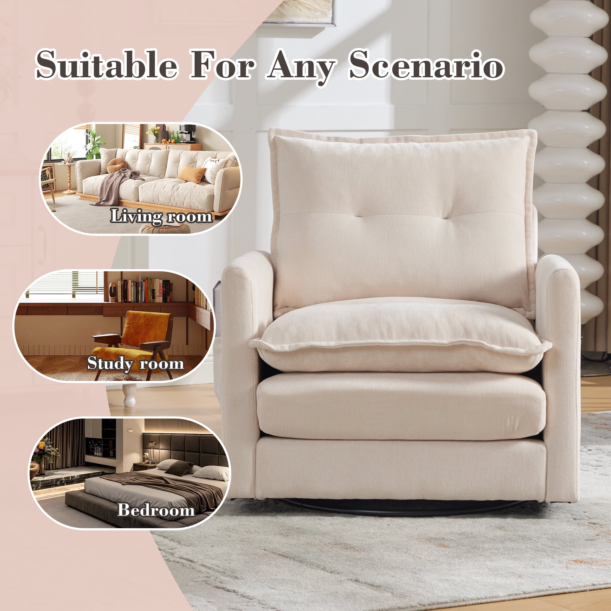 Leumius Swivel Accent Chair,Mid Century Modern Chenille Armchair with Thick Padded and Metal Base,Swivel Single Sofa Chair Barrel Reading Chair for Living Room Bedroom,Beige